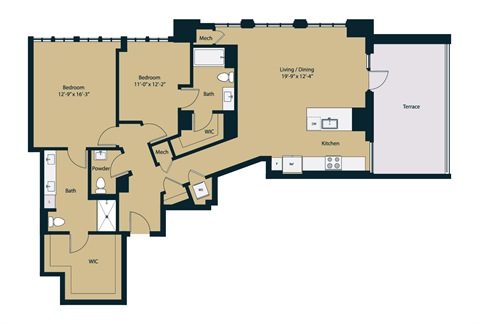Floor plan for 2 beds, 2.5 baths, 1525 sqft